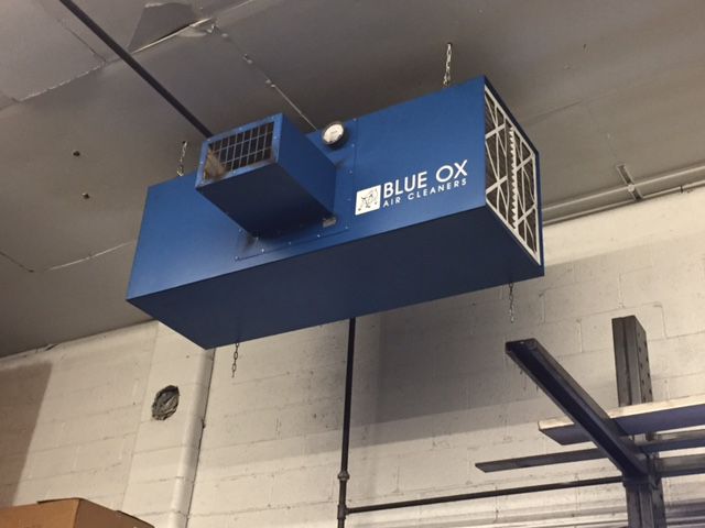 Blue Ox industrial air cleaner installed to remove welding and CNC smoke and fumes.