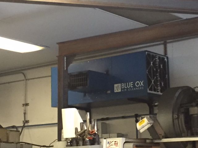 Blue Ox OX3500C industrial air cleaner installed at Smith Production LLC to extract CNC and welding fumes and smoke.