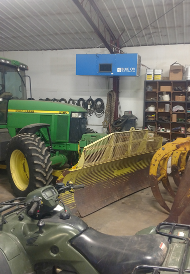 A local welding shop shown with a Blue Ox unit installed for welding fume and smoke extraction.