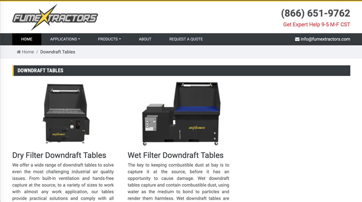 Homepage for fumextractors.com/downdraft-tables