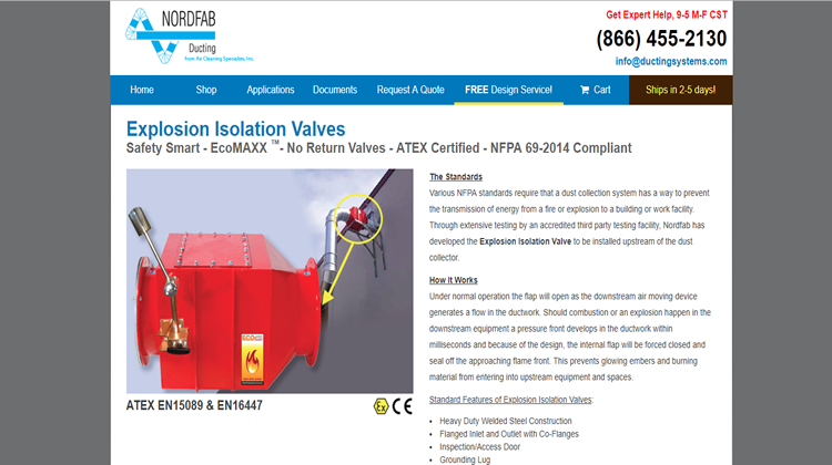 Homepage for ductingsystems.com/explosion-isolation-valve