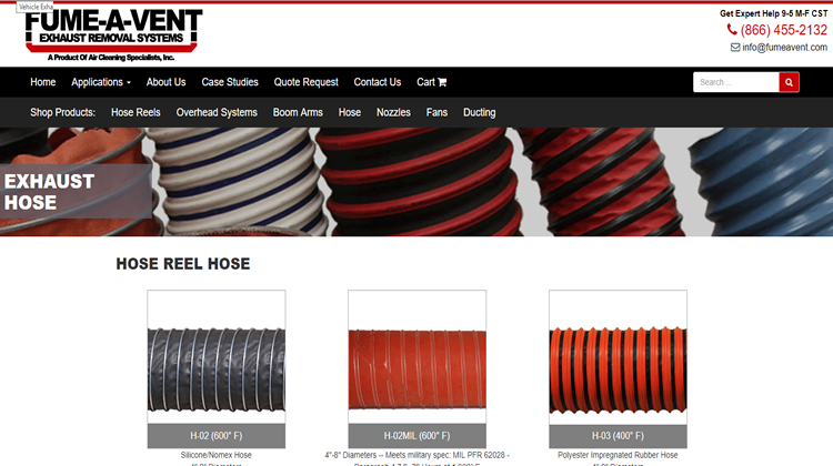Homepage for fumeavent.com/exhaust-hose/