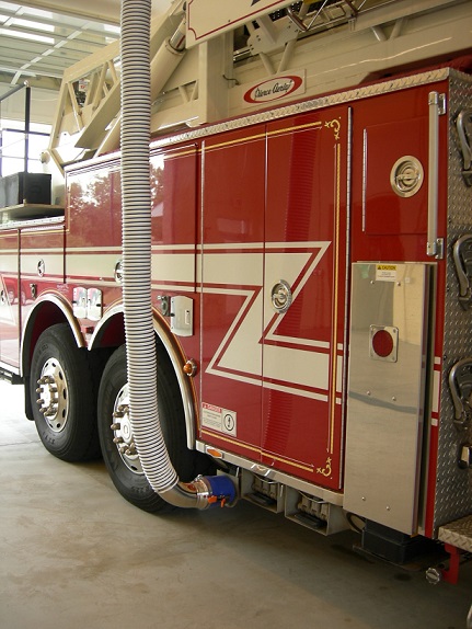 Fume-A-Vent Source Capture System attached to a fire truck to provide exhaust extraction.